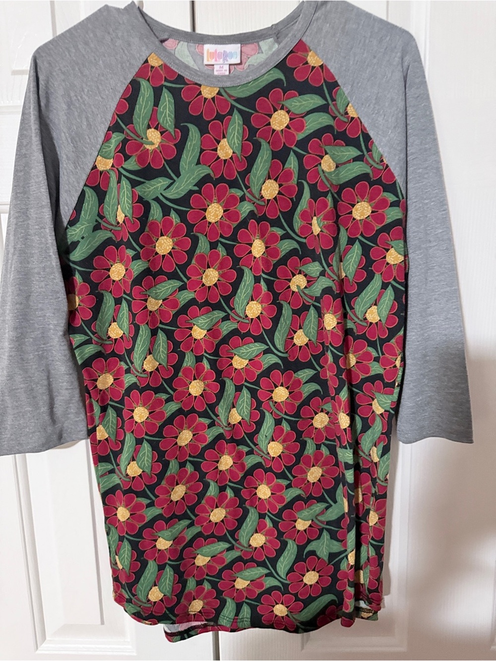 LuLaRoe Women's Floral “Randy”  Tee - Red, Green, Yellow, Gray